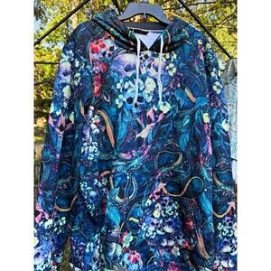 iEDM.com Men's Blue/Multicolor Fleece Pullover Hoodie XXXL Skull Floral Print